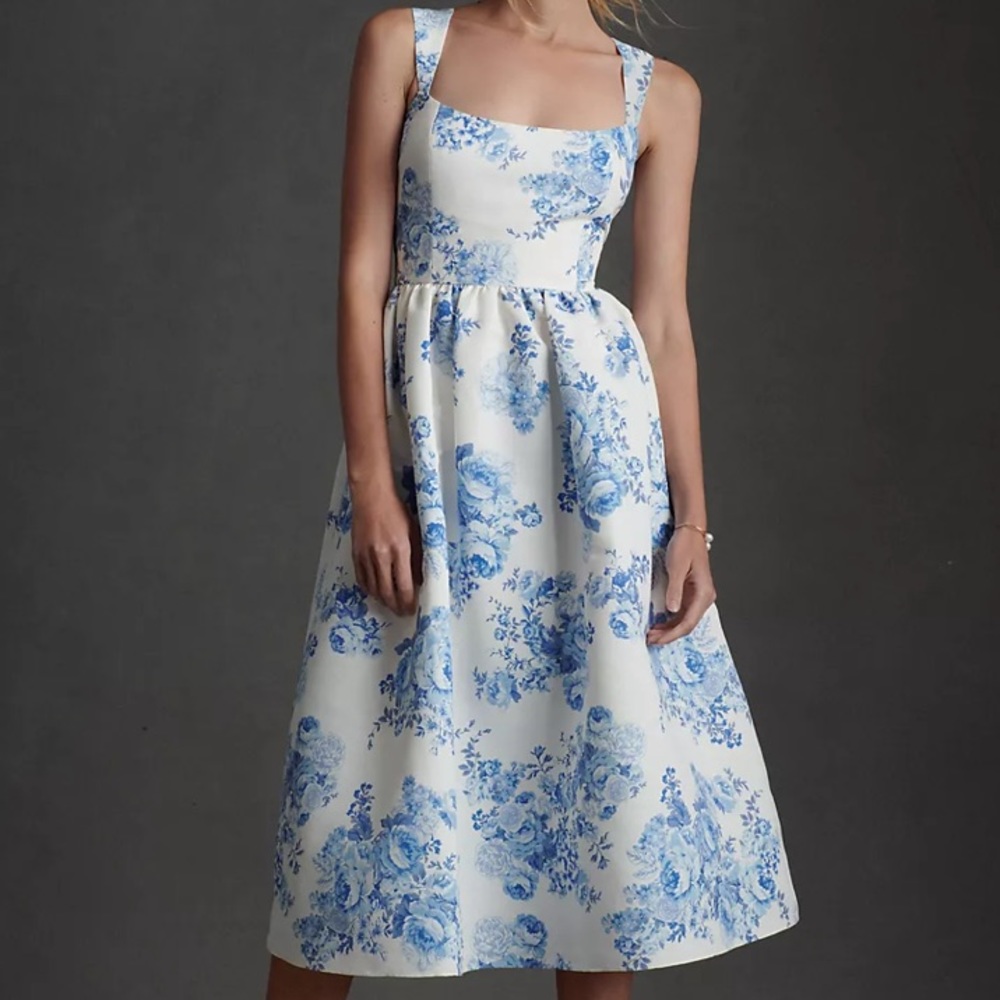 Sachin & Babi Blaine Chinoiserie Taffeta Square-Neck Midi Dress.m, Size 10